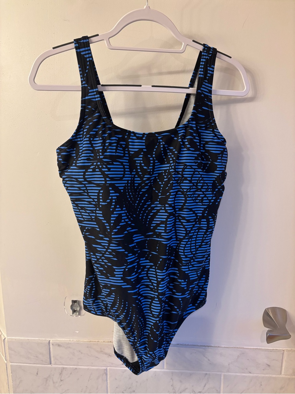 Lands' End Black and Blue Floral-Stripe One-Piece Swimsuit